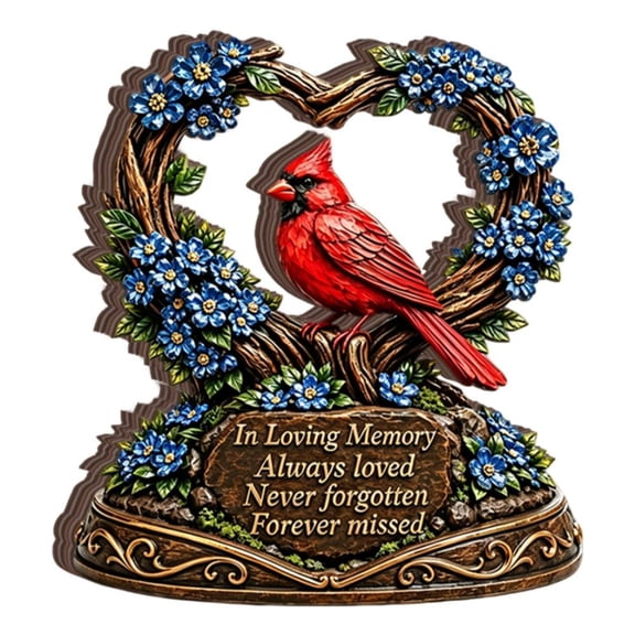 Cardinal Bird Memorial Ornament Heart Wreath Decor Remembrance Table, Heartfelt Memorial Gift
