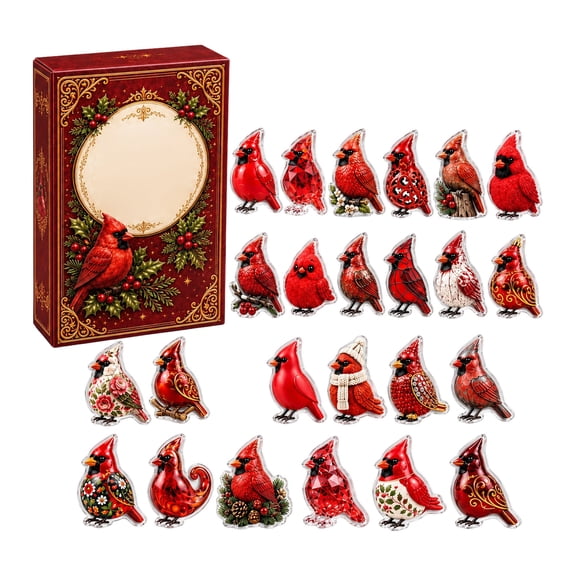 Cardinal Bird Ornaments Advent Calendar, 24 Days Christmas Countdown Blind Box with 24Pcs Acrylic Red Bird Hanging Charms, Xmas Tree Decorations Surprise Gift for Holiday Home Decor