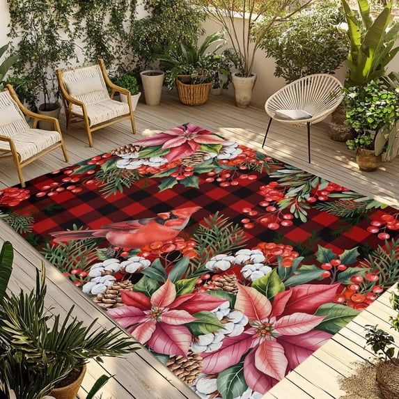Cardinal Bird Outdoor Rug for Patio/Deck/Porch, Non-Slip Large Area Rug 3 x 5 Ft, Poinsettia Pine Cones Berry Flowers Red Plaid Indoor Outdoor Rugs Washable Area Rugs, Camping Rug Carpet Runner
