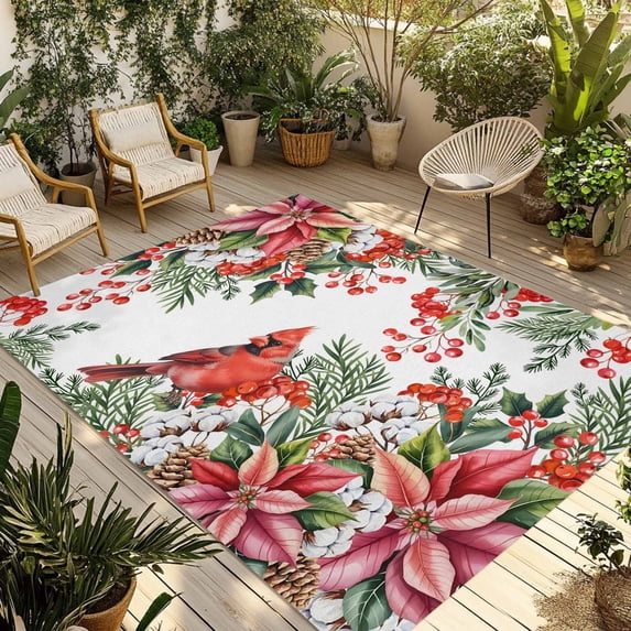 Cardinal Bird Outdoor Rug for Patio/Deck/Porch, Non-Slip Large Area Rug 4 x 6 Ft, Winter Poinsettia Berry Pine Cones Floral Indoor Outdoor Rugs Washable Area Rugs, Camping Rug Carpet Runner