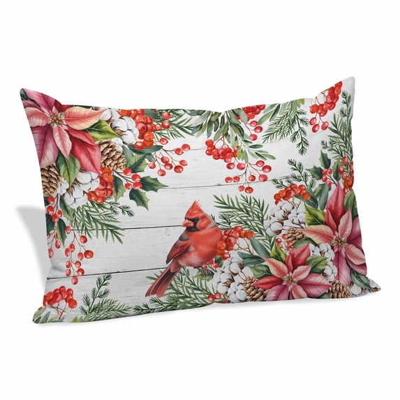 Cardinal Bird Pillow Covers, Linen Long Throw Pillow Case, Winter Poinsettia Pine Cones Berry Wood Holiday Pillow Protector Decorative Cushion Cover for Living Room/Bedroom 20" x 36"
