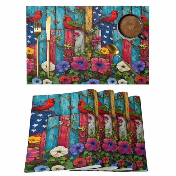 Cardinal Bird Poppy Placemats Set of 6, 4th of July Non-Slip Place Mats Washable Table Mats for Kitchen Dining Table Decorations Indoor/Outdoor