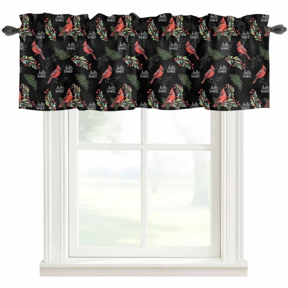 Cardinal Bird Rod Pocket Curtain Valance, Holly Branches Berry Winter ...