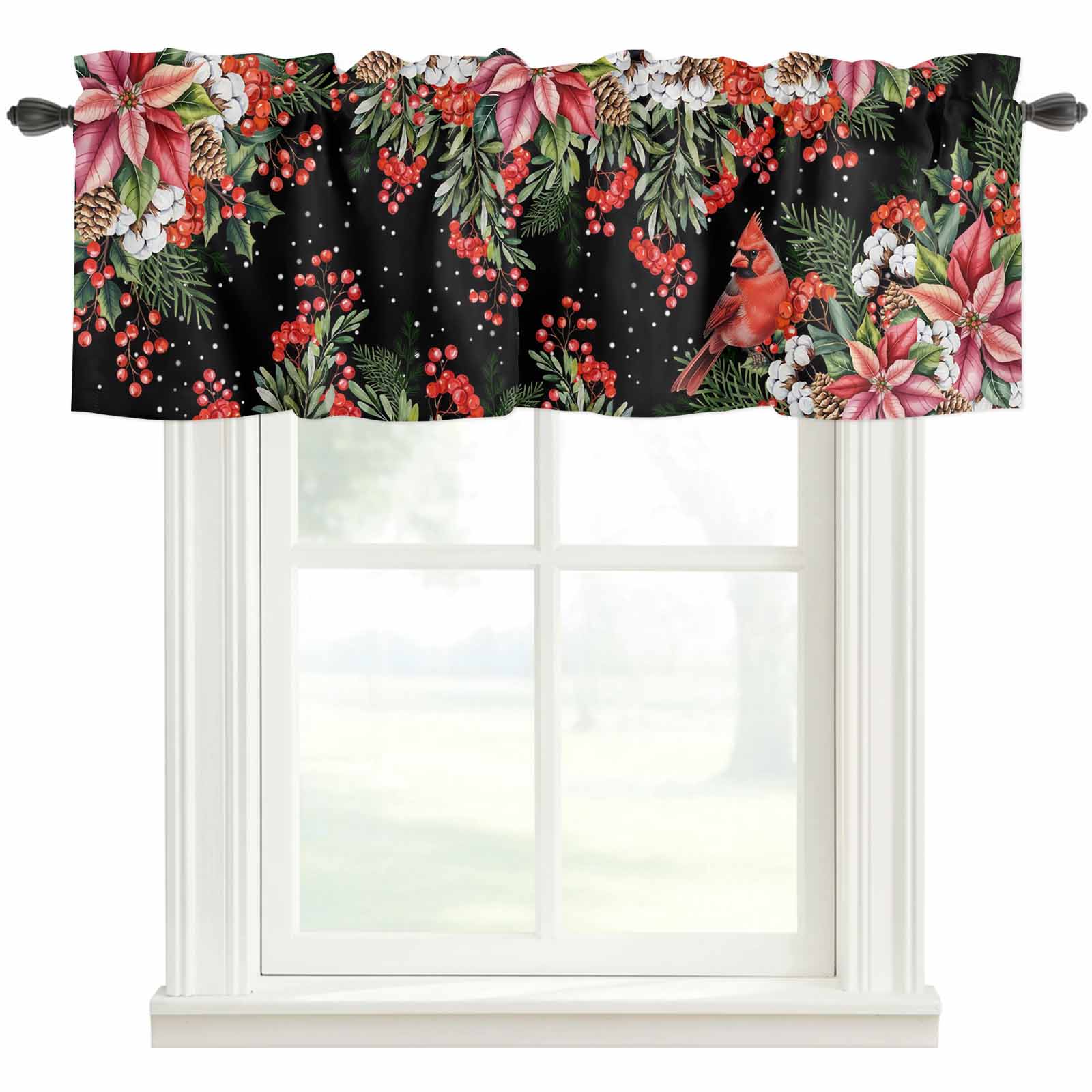 Cardinal Bird Rod Pocket Curtain Valance, Winter Poinsettia Pine Cones ...