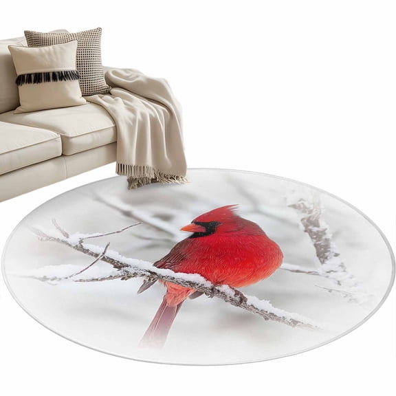 Cardinal Bird Round Area&nbsp;Rug 4ft Christmas Winter Non-Slip&nbsp;Washable Circle Rugs Soft Felt Indoor Floor Mat for Bedroom Kitchen Living Room Bathroom