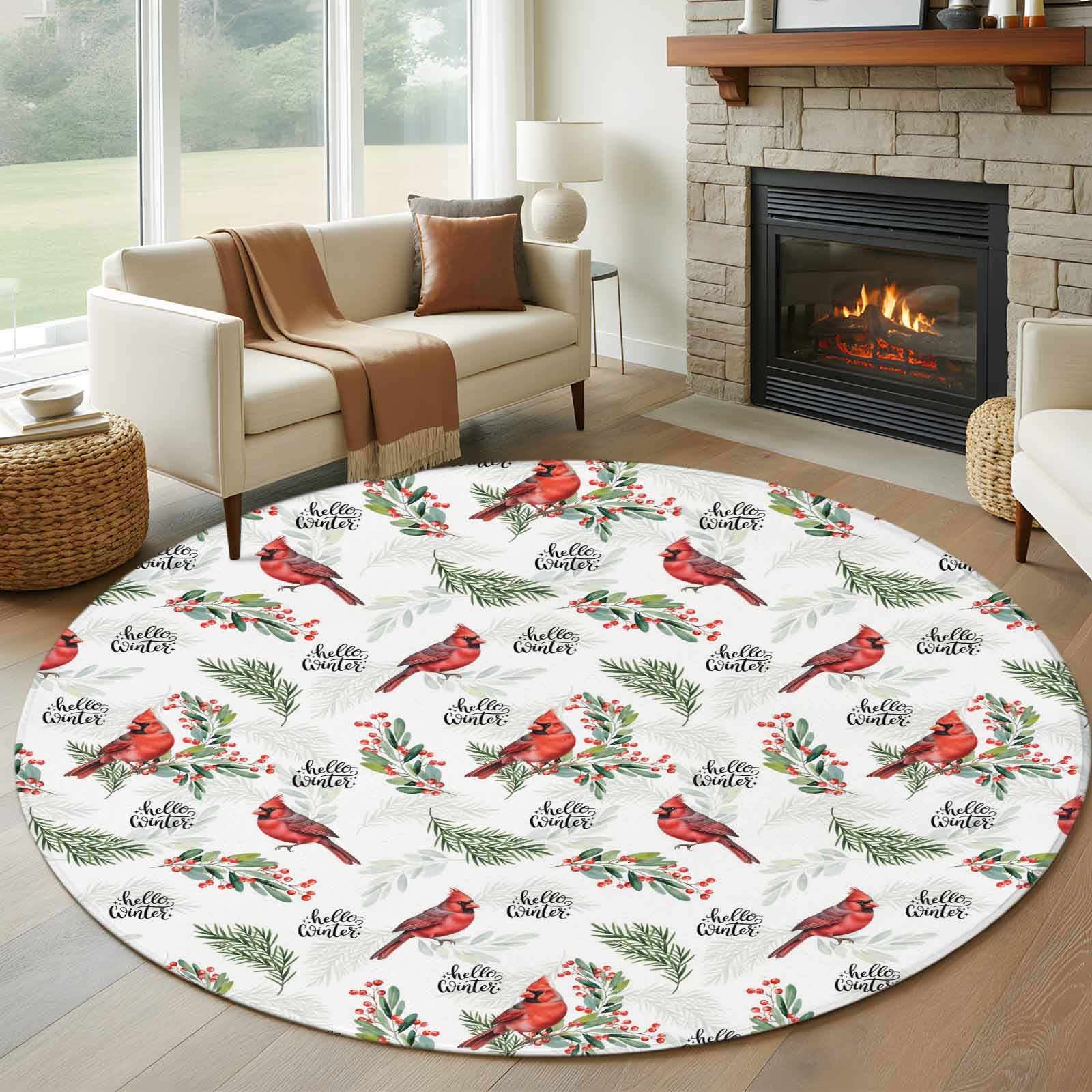 Cardinal Bird Round Rug 6ft Washable Circle Kitchen Rugs Non Slip Berry ...