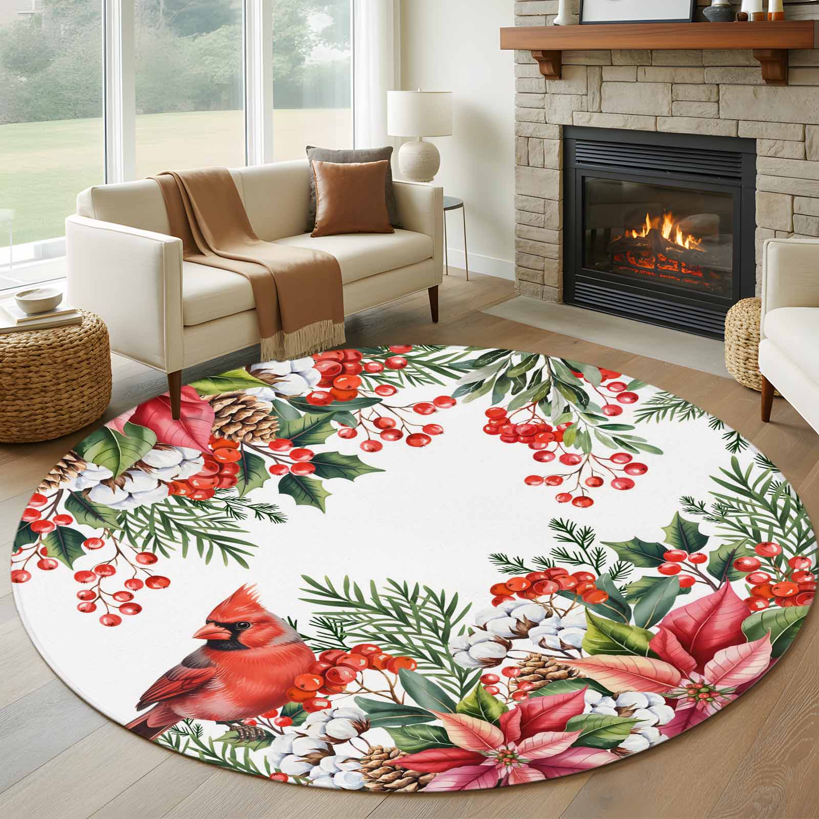 Cardinal Bird Round Rug 7ft Washable Circle Rugs Non Slip Winter ...