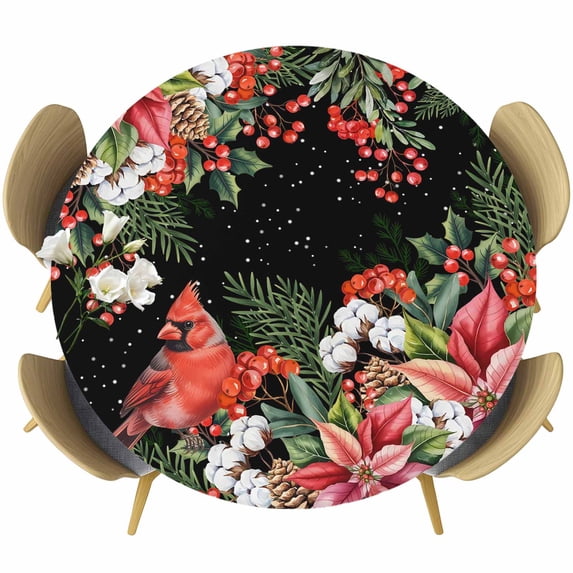 Cardinal Bird Round Tablecloth, Fitted Table Cover with Elastic for 45"-54" Round Tables, Winter Poinsettia Pine Cones Berry Black Table Cloth Outdoor Indoor Dinning Party Waterproof Tablecloths