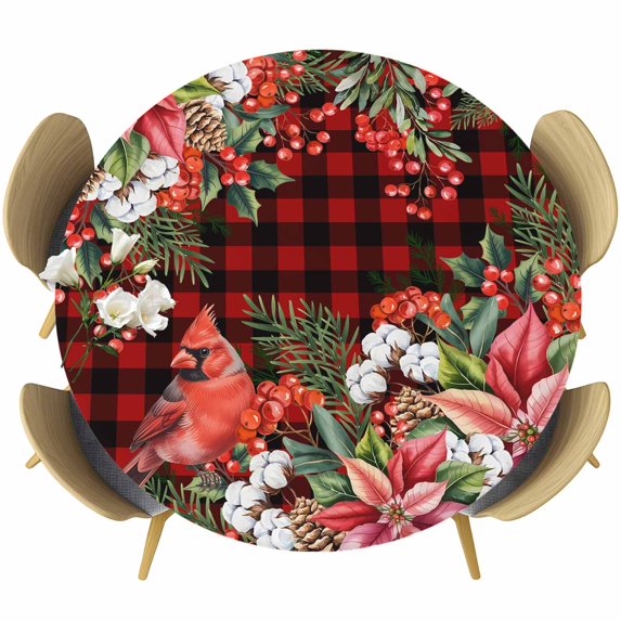 Cardinal Bird Round Tablecloth, Fitted Table Cover with Elastic for 55"-60" Round Tables, Poinsettia Pine Cones Berry Flowers Red Plaid Table Cloth Outdoor Indoor Dinning Party Waterproof Tablecloths