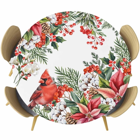 Cardinal Bird Round Tablecloth, Fitted Table Cover with Elastic for 55"-60" Round Tables, Winter Poinsettia Berry Pine Cones Floral Table Cloth Outdoor Indoor Dinning Party Waterproof Tablecloths