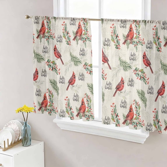 Cardinal Bird Sheer Curtains 54 Inch Length 2 Panels Set Window Treatments, Holly Branches Berry Winter Beige Rod Pocket Semi Curtains for Living Room/Bedroom/Kitchen Décor, 104"W x 54"L