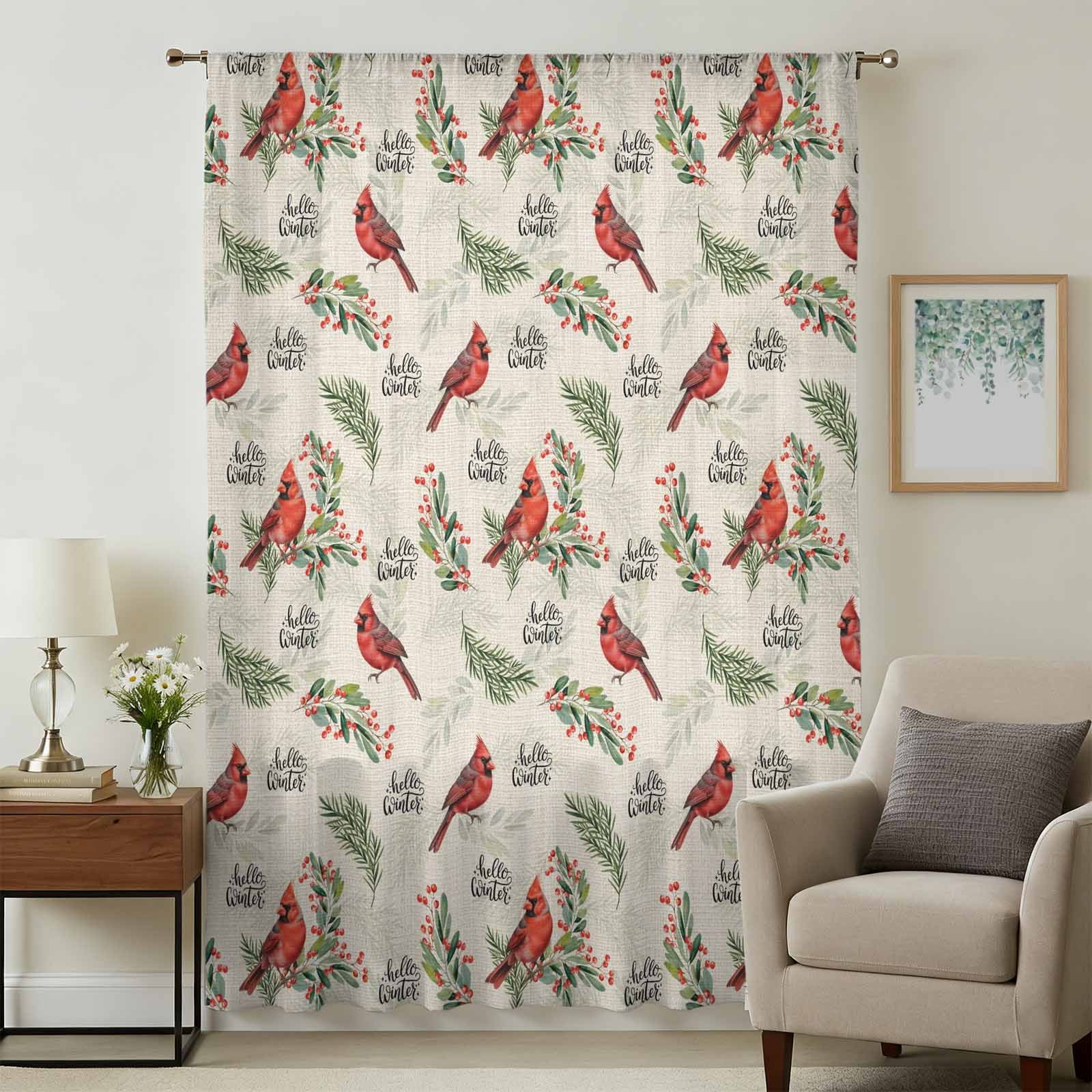 Cardinal Bird Sheer Curtains 96 Inches Long, Holly Branches Berry ...