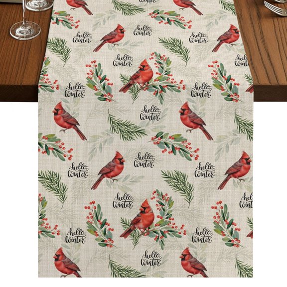 Cardinal Bird Short Table Runner 36 Inches Long,Holly Branches Berry Winter Beige Cotton Linen Table Runners Dresser Scarves,Fabric Tabletop Scarf Furniture Cover for Home Dinner Party Decor 13"x36"