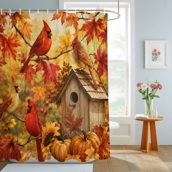 Cardinal Bird Shower Curtain, Fall Red Bird Orange Maple Leaf Tree Branch Backyard Waterproof Washable Shower Curtain for Bathroom Bathtub Partition Bath Decoration Set with Hooks 36x72in