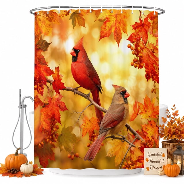 Fall Protection Chair Cardinal Bird Shower Curtain Set with Hooks, Fall Red Bird Orange Maple ...