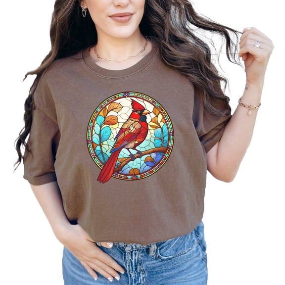 Cardinal Bird Stained Glass Art T-Shirt, Colorful Bird Design Tee, Nature Inspired Shirt, Vibrant Cardinal Graphic Tee, Unique Gift, Espresso Comfort Colors T-Shirt, Large
