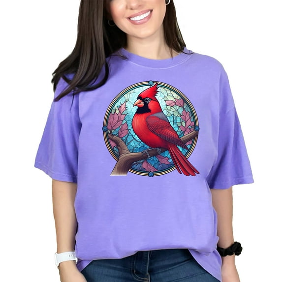 Cardinal Bird Stained Glass Art T-Shirt Design, Colorful Bird Tee, Unique Graphic Shirt, Artistic Nature Apparel, Gift for Bird Lovers, Violet Comfort Colors T-Shirt, Medium
