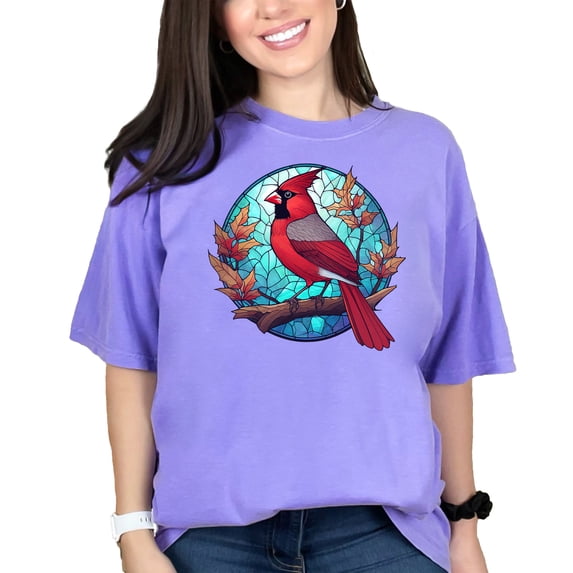 Cardinal Bird Stained Glass Design T-Shirt, Vibrant Red Bird Graphic Tee, Nature Inspired Art Shirt, Colorful Wildlife Themed Apparel, Violet Comfort Colors T-Shirt, Small
