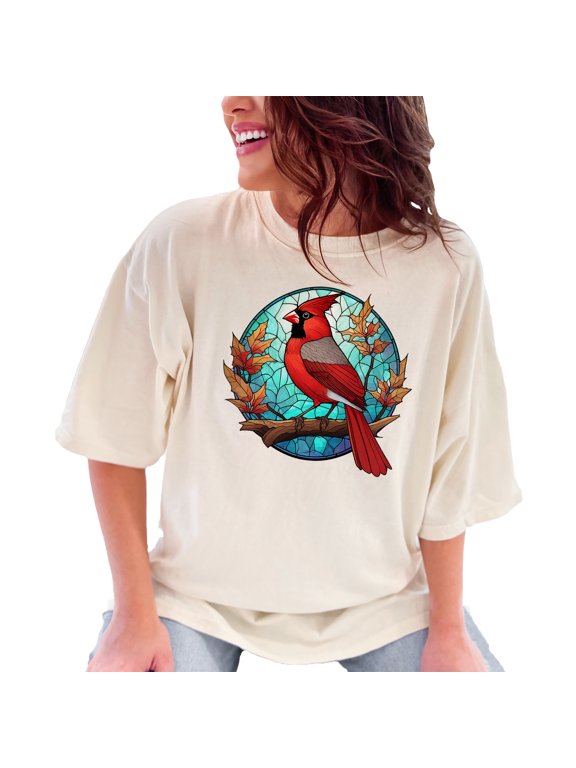 Cardinal Bird Stained Glass Style Art T-Shirt, Unique Bird Lover Gift, Colorful Nature Inspired Tee, Artistic Animal Illustration Shirt, Ivory Comfort Colors T-Shirt, Large