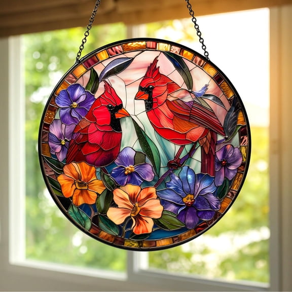 Cardinal Bird Stained Glass Suncatcher, Floral Cardinal Window Hanging, Red Cardinal Couple Ornament, Bird Lover Gift, Colorful Window Decor
