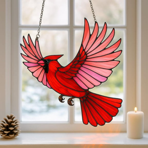 Cardinal Bird Stained Glass Suncatcher, Red Bird Acrylic Ornament Window Decor, Memorial Sun Catcher, Christmas Decor, Bird Lover Gift