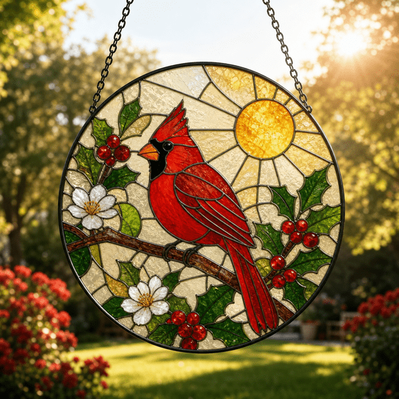 Cardinal Bird Suncatcher Stained Glass Window Hanging Gift for Bird Lovers