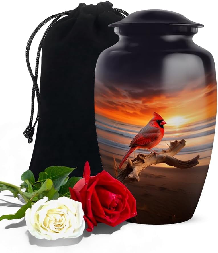 Cardinal Bird Sunset Urn, Beach Scene Cremation Urn For Human Ashes, Spiritual Messenger Urns For Ashes Adult Female, Cardinal Memorial Cremation Urn Keepsake, Size 6 Inch 1Pcs