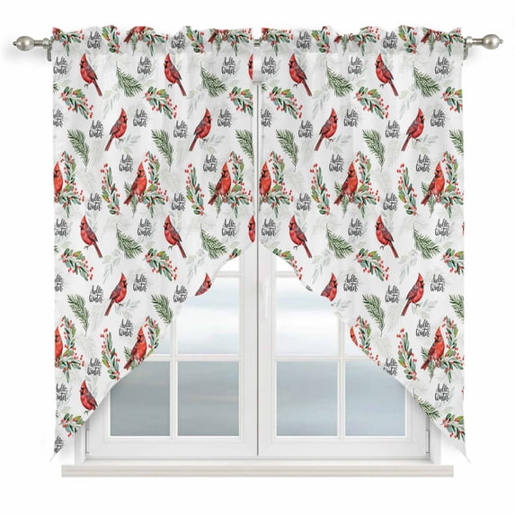 Cardinal Bird Swag Curtains for Kitchen/Bedroom/Living Room, Berry Holly Branches Winter Plants Scalloped Curtains 63 Inch Long, Rod Pocket Window Swag Topper Curtains Valances 2 Panels Set 36"x63"