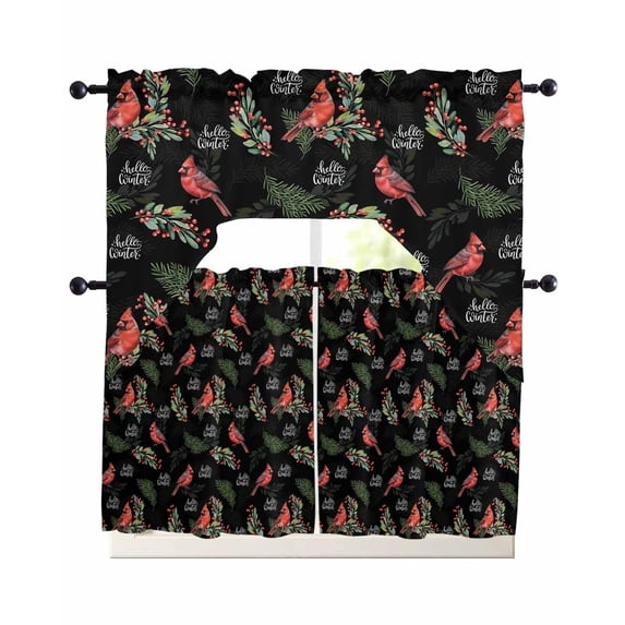 Cardinal Bird Swag Curtains for Living Room/Bedroom Windows, Holly Branches Berry Winter Botanical Black Kitchen Curtains and Valances Set 36 Inch Length, Light Filtering Swags Valance Curtain Panels