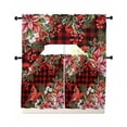 thumbnail image 1 of Cardinal Bird Swag Kitchen Curtains Sets for Windows 24 Inch Length, Poinsettia Pine Cones Berry Flowers Red Plaid Short Window Curtain Swags Valances and Tiers 3 Piece Set for Cafe/Dining Room, 1 of 5