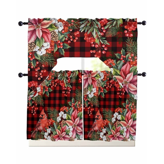 Cardinal Bird Swag Kitchen Curtains Sets for Windows 24 Inch Length, Poinsettia Pine Cones Berry Flowers Red Plaid Short Window Curtain Swags Valances and Tiers 3 Piece Set for Cafe/Dining Room