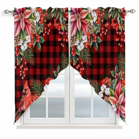 Cardinal Bird Swag Valances for Windows, Kitchen Curtains 36 Inch Length 2 Panels Set, Poinsettia Pine Cones Berry Flowers Red Plaid Short Curtains for Small Windows Rod Pocket Cafe Curtains 28"x36"