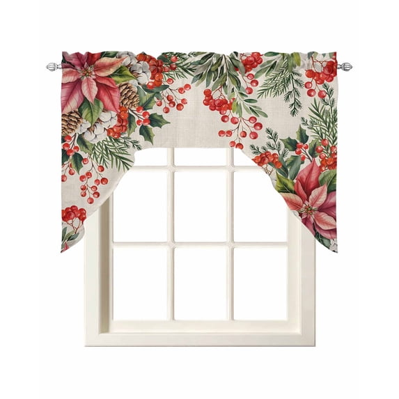 Cardinal Bird Swag Valances for Windows, Small Curtains Drapes, Pine Cones Poinsettia Berry Floral Beige Kitchen Window Curtains Over Sink Window Treatment Valance for Bedroom/Bathroom 56"x36"