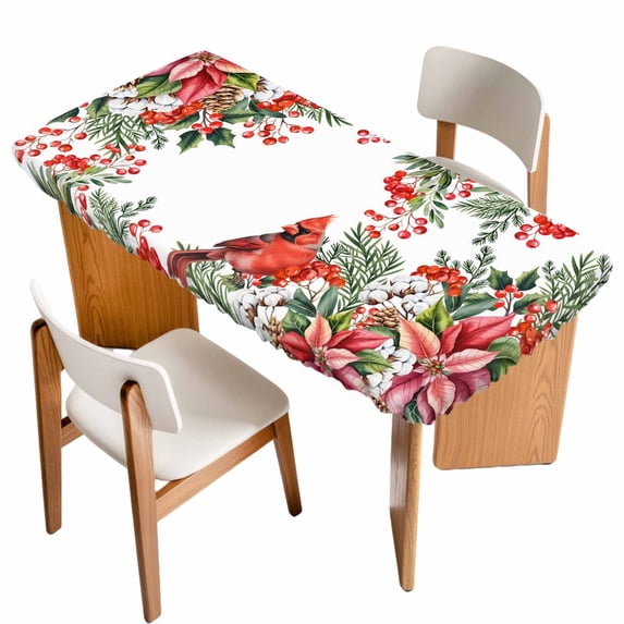 Cardinal Bird Table Cloths for 4 Foot Rectangle Tables, Winter Poinsettia Berry Pine Cones Floral Patio Waterproof Elastic Fitted Tablecloths, Washable Rectangular Table Cover for Camping