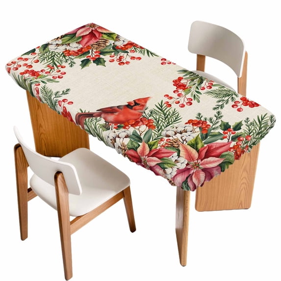 Cardinal Bird Table Cloths for 6 Foot Rectangle Tables, Pine Cones Poinsettia Berry Floral Beige Patio Waterproof Elastic Fitted Tablecloths, Washable Rectangular Table Cover for Camping