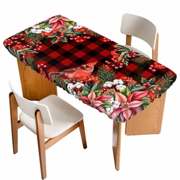 Cardinal Bird Table Cloths for 6 Foot Rectangle Tables, Poinsettia Pine Cones Berry Flowers Red Plaid Patio Waterproof Elastic Fitted Tablecloths, Washable Rectangular Table Cover for Camping