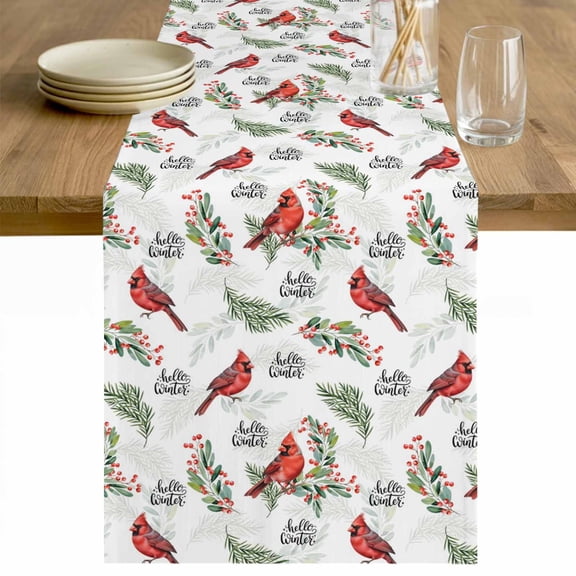 Cardinal Bird Table Runner 48 Inches Long Farmhouse Dress Scarves, Berry Holly Branches Winter Plants Dining Tablerunner for Coffee Table/Kitchen Island/Party Décor, 13" x 48"