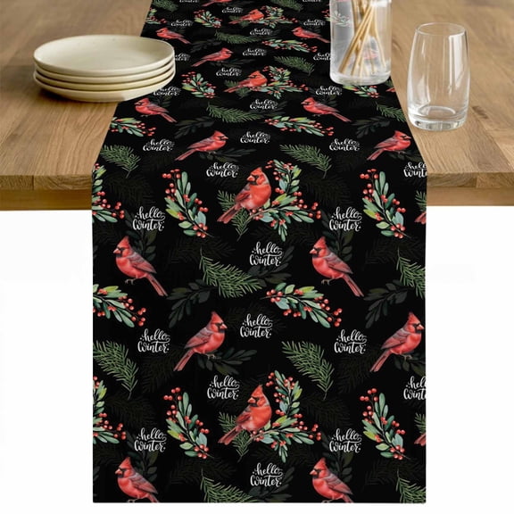 Cardinal Bird Table Runner 48 Inches Long Farmhouse Dress Scarves, Holly Branches Berry Winter Botanical Black Dining Tablerunner for Coffee Table/Kitchen Island/Party Décor, 13" x 48"