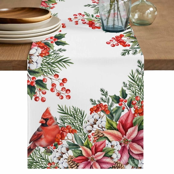 Cardinal Bird Table Runner 48 Inches, Winter Poinsettia Berry Pine Cones Floral Bed Runner Dresser Scarves Tabletop for Indoor Outdoor Parties/Ceremony/Banquet, 13" x 48"