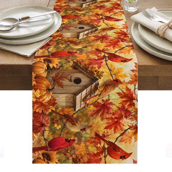 Cardinal Bird Table Runner, Fall Red Bird Orange Maple Leaf Tree Branch Backyard Washable Kitchen Table Runners Dress Scarves for Dining Table Decorations Party/Restaurant/Indoor Outdoor Use, 13x36in