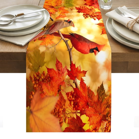 Cardinal Bird Table Runner, Fall Red Bird Orange Maple Leaf Tree Branch Forest Washable Kitchen Table Runners Dress Scarves for Dining Table Decorations Party/Restaurant/Indoor Outdoor Use, 13x36in