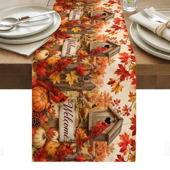 Cardinal Bird Table Runner, Fall Red Bird Orange Pumpkin Maple Leaf Tree Farmhouse Washable Kitchen Table Runners for Dining Table Decorations Party/Restaurant/Indoor Outdoor Use, 13x36in