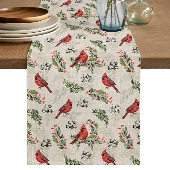 Cardinal Bird Table Runner, Holly Branches Berry Winter Beige Washable Cotton Linen Table Runners 36 Inches Long, Dresser Scarf Runner for Nightstand/End Tables/Round Tables 13''x36''