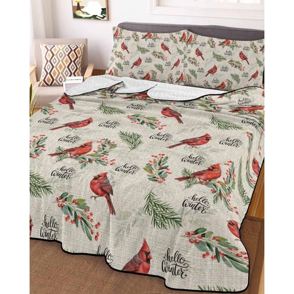 Cardinal Bird Twin Size Down Alternative Comforter, Lightweight Comforter Quilt Bedding Set with Pillow Shams Holly Branches Berry Winter Beige All Seasons Bed Comforter Duvet Insert 68"x86"