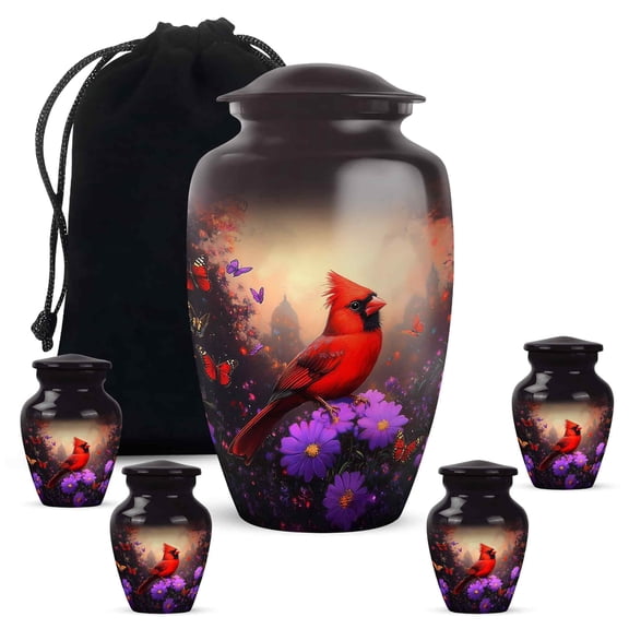 YATHABHISA Cardinal Urn for Human Ashes, Heart Urn, Memorial Gift for Grandfather & Grandmother, Handcrafted Keepsake Decorative Ash Container, Combo (10 Inch Urn & 3 Inch Mini Set of 4)