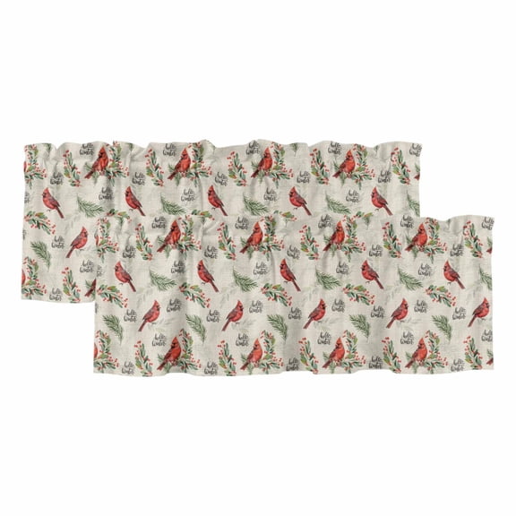 Cardinal Bird Valances for Windows, Decorative Rod Pocket Window Valance Curtains, Holly Branches Berry Winter Beige Short Curtain Drapes for Kitchen/Bathroom/Living Room, 2 Panels, 42" W x 12" L