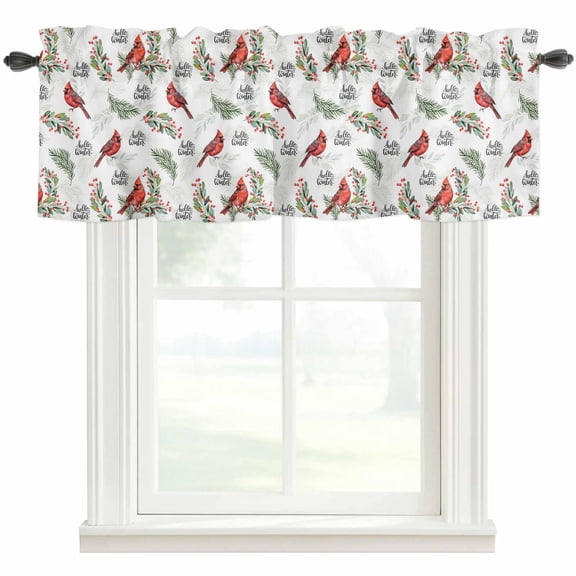 Cardinal Bird Valances for Windows Farmhouse Kitchen Curtains Valances Rod Pocket Valance Curtains for Kitchen Windows Berry Holly Branches Winter Plants Window Valances for Bathroom Bedroom 60"x18"