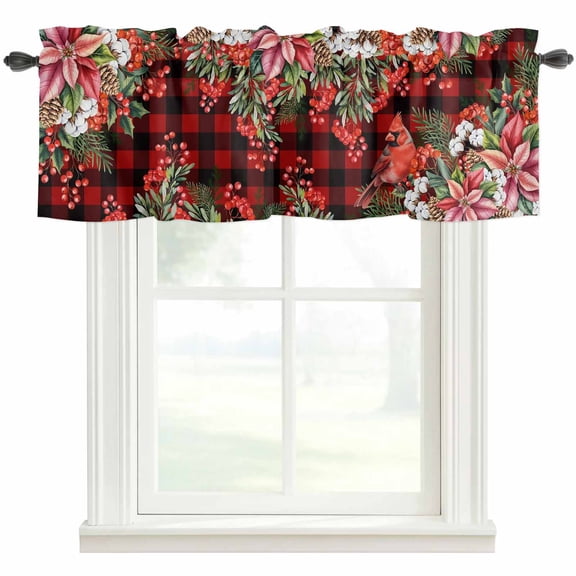 Cardinal Bird Valances for Windows Farmhouse Kitchen Curtains Valances Rod Pocket Valance Curtains for Windows Poinsettia Pine Cones Berry Flowers Red Plaid Valances for Bathroom Bedroom 42"x12"