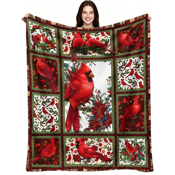 Cardinal Bird Vintage Quilt Style, Soft Flannel Fleece, Quilt Festive Style, Cozy Throw Blanket, Warm Lovely Comfort Feel, Home Decor Gift, Ideal for Bed Couch