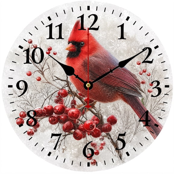 Cardinal Bird Wall Clock 9.84 Inch, Battery Operated Round Analog Clock with Winter Snowberry Nature Design, Rustic Farmhouse Decorative Clock for Living Room Bedroom Kitchen Office Wall Decor